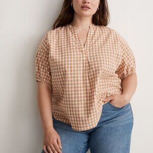 Madewell Crinkle Cotton Bubble-Sleeve Popover Check Fauna Flowy Shirt Women XL